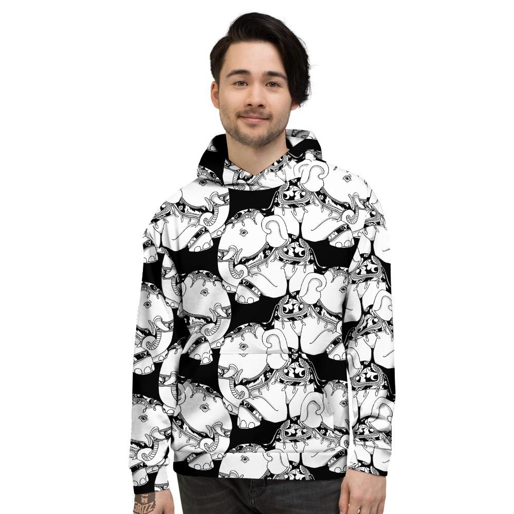 Indian Elephant White And Black Print Pattern Men’S Hoodie