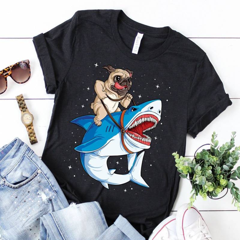 Crushtee Pug Riding Shark Shirt Pug Shirt Pug Gifts Funny Cute Pugs Pug Life Pug Lover Shark Shirt Jawsome Shirt Tank Top Hoodie Long Sleeve Hoodie