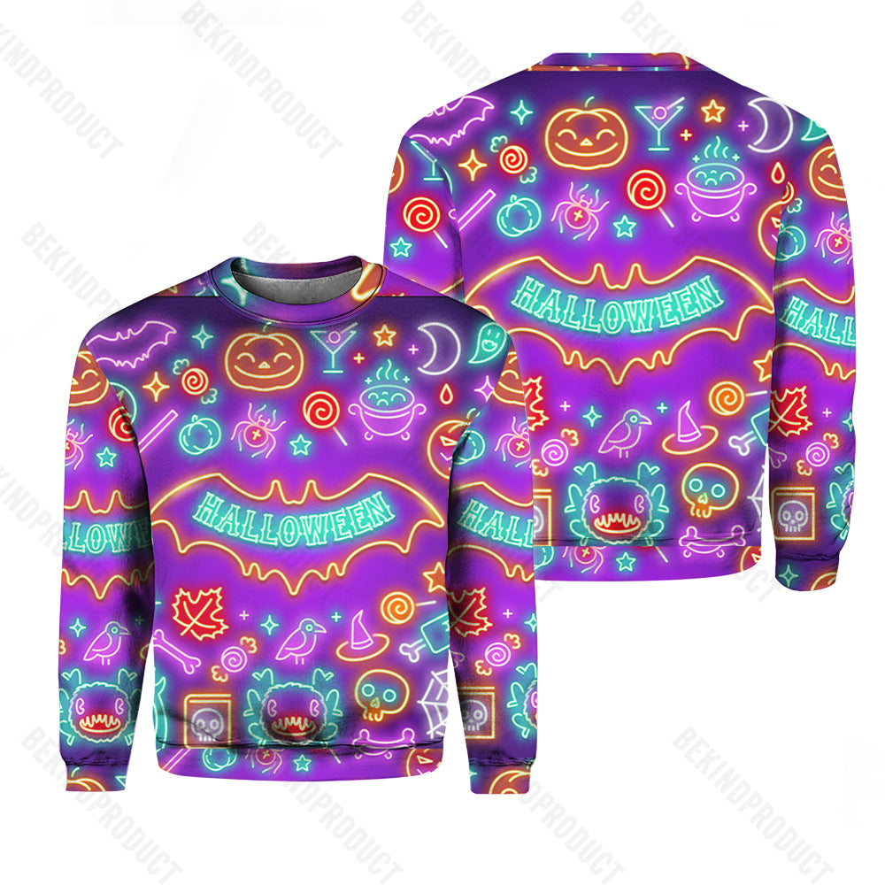 Neon Halloween Night Pattern Violet And Colorful Crewneck Sweatshirt All Over Print Sweatshirt For Women Sweatshirt For Men