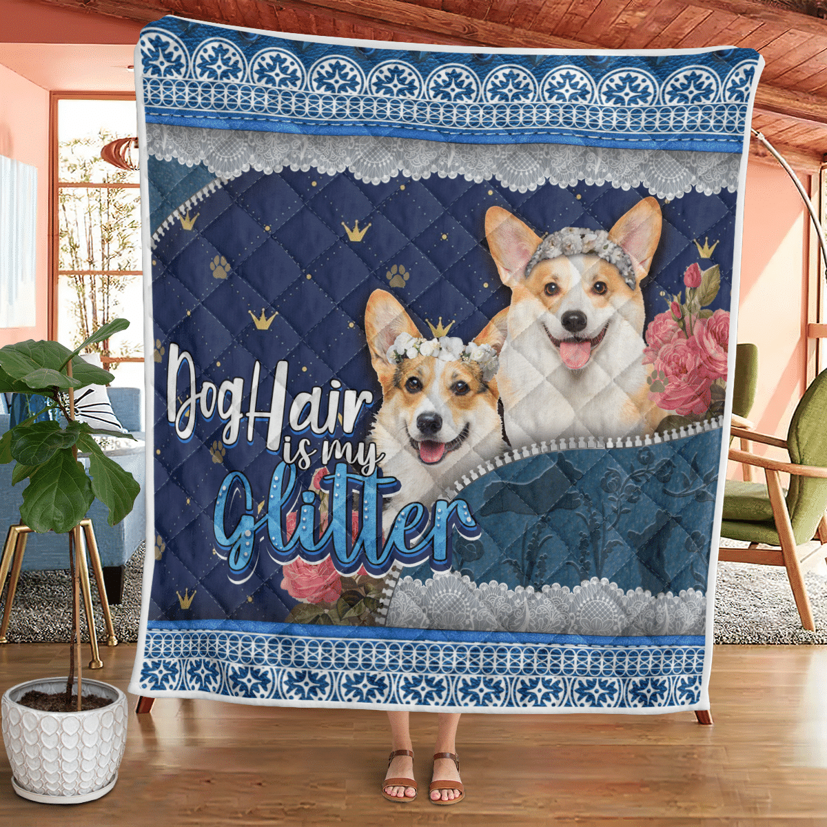 Puppy Corgi Blanket – Dog Hair Is My Glitter Quilting Presents For Birthday Thanksgiving Christmas