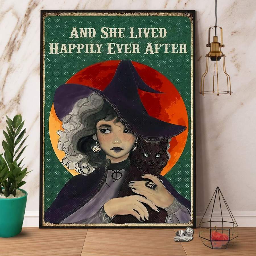 Witch & Black Cat And She Lived Happily Ever After Halloween Gift Paper Poster No Frame/ Wrapped Canvas Wall Decor Full Size