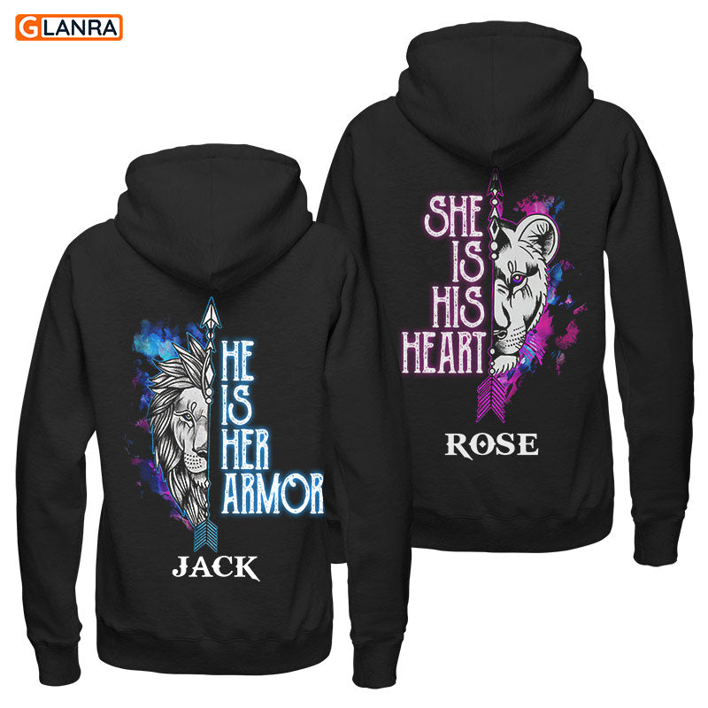 Personalized He Is Her Armor She Is His Heart Hoodie, Custom Lion Couple Hoodie, Lion Hoodie, Husband Wife Hoodie, Couple Unisex Sweater, Sweatshirt