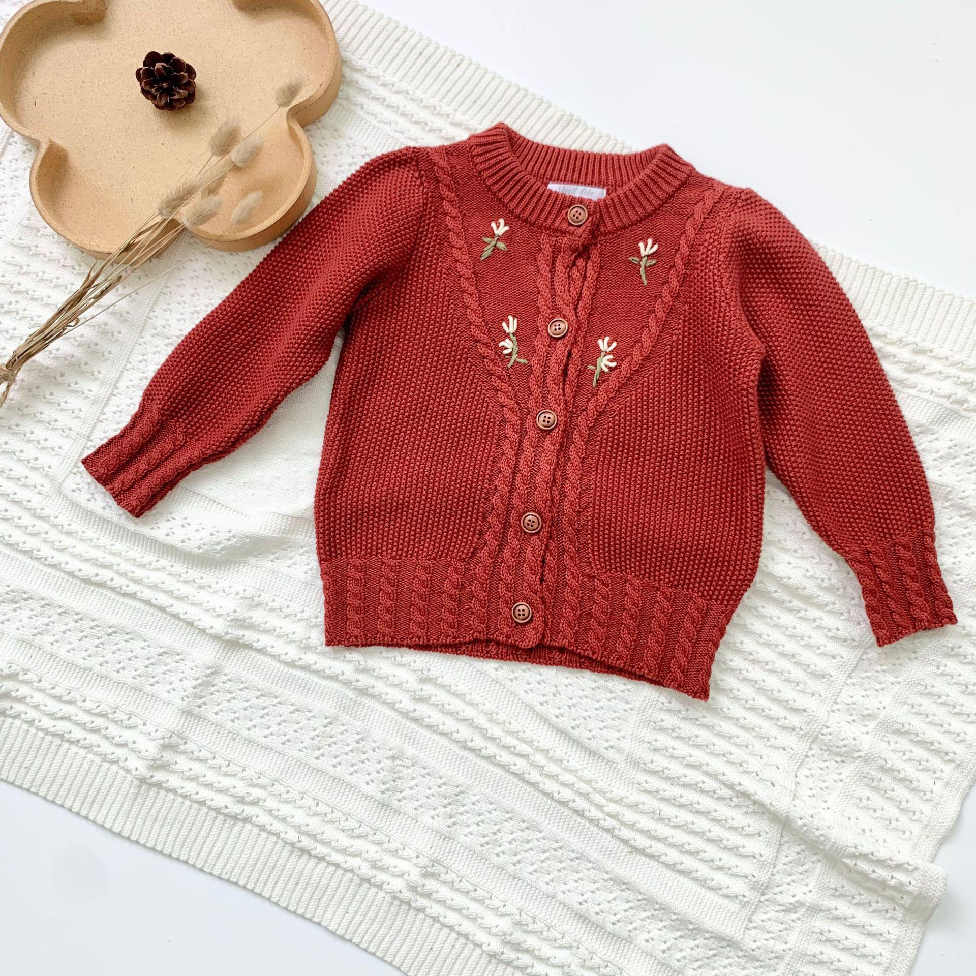 Autumn Winter Baby Girl Flower Embroidery Casual Single Breasted Sweater Kid Girls Knitting Cardigan All-match Clothes alx