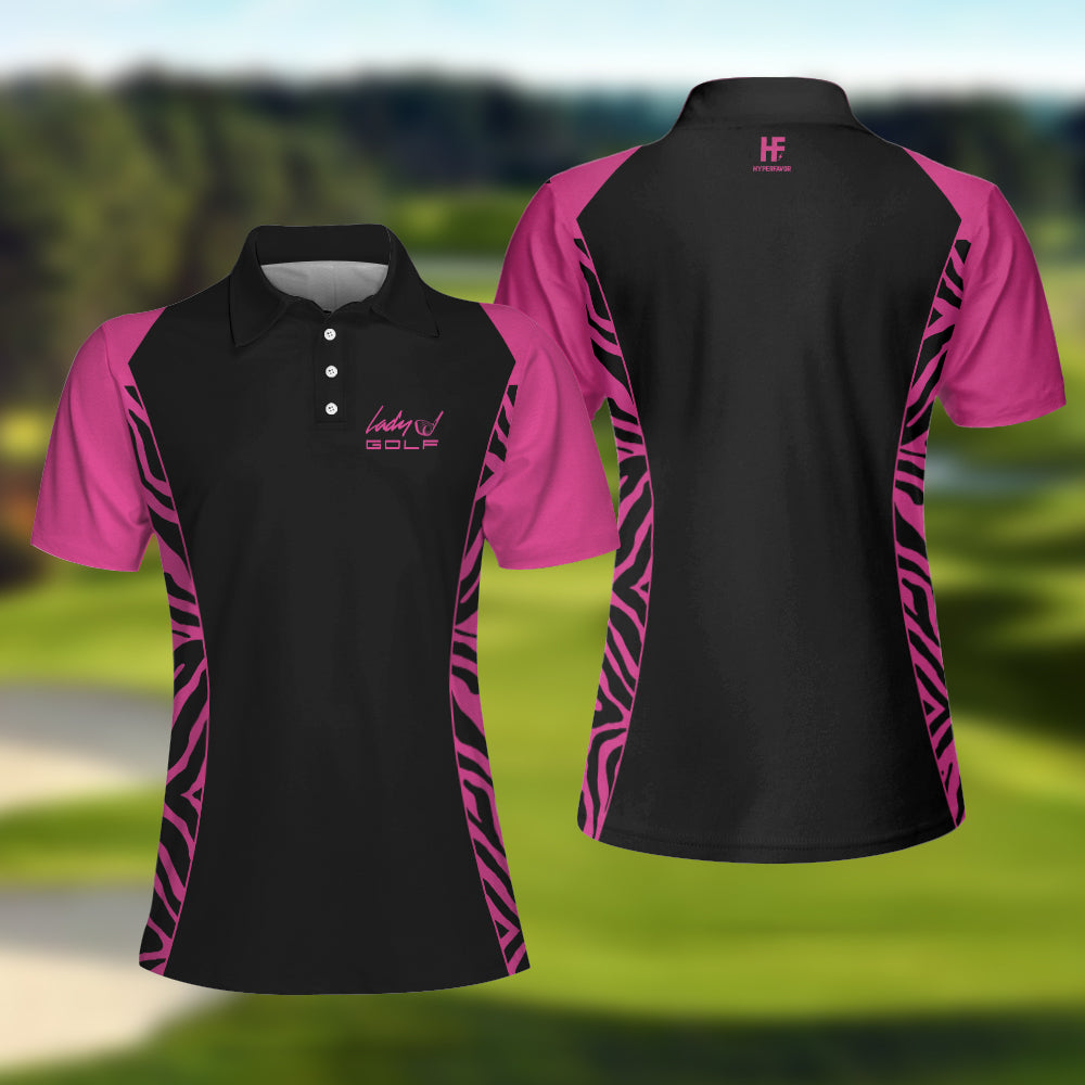 Dark Pink Zebra Pattern Thinning Layout For Lady Golfer Golf Short Sleeve Women Polo Shirt, Best Shirt For Ladies Coolspod