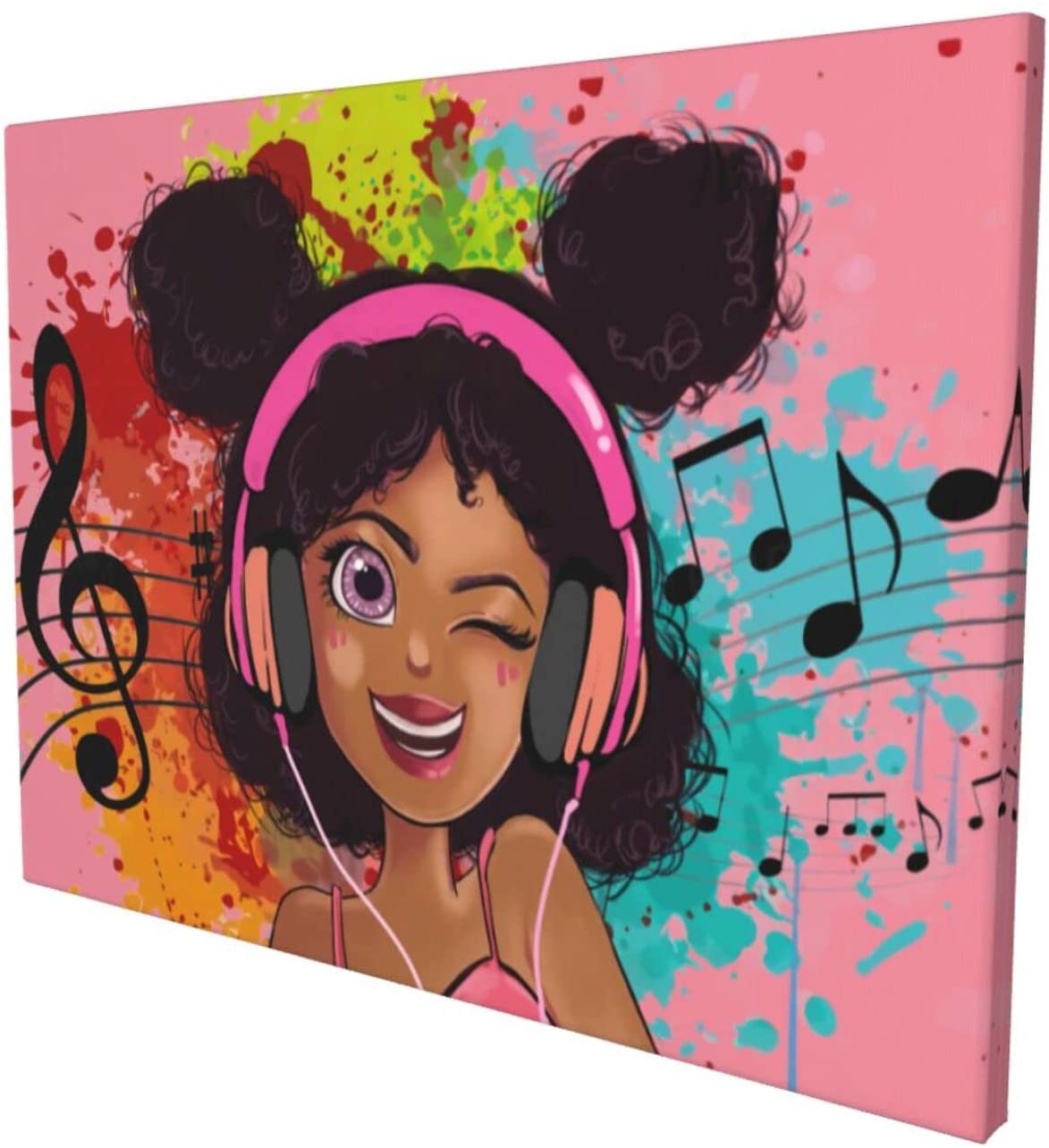 African American Wall Art Canvas Black Kids Girl Earphones Pink Background  Wall Art African Art For Teenage Bedroom Wall Decor Hippie Living Room