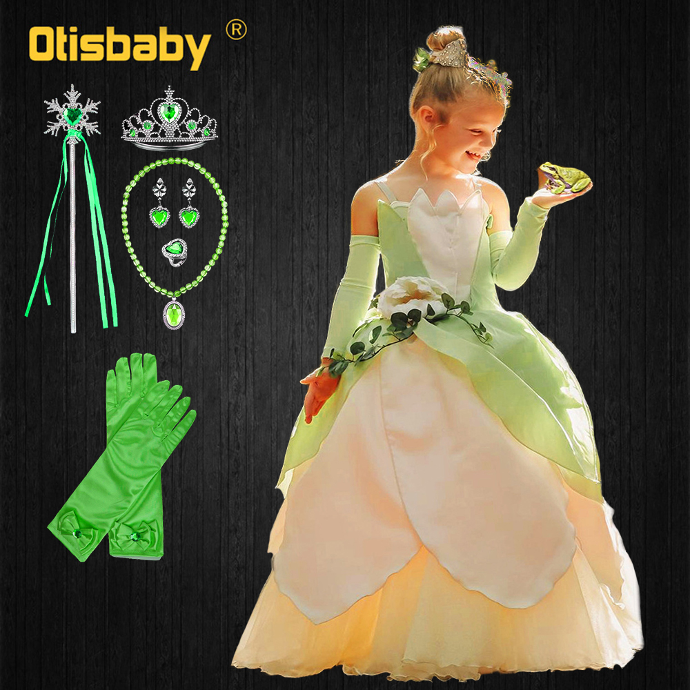 Boutique Girls Princess Tiana Dress Princess and the Frog Child Halloween Cosplay Costume Party Toddler Green Pageant Dresses alx