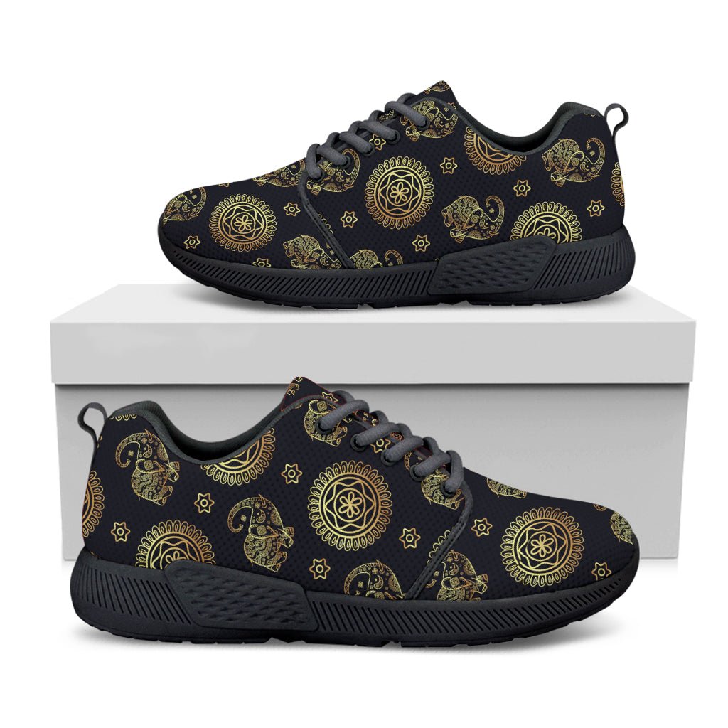 Blue And Gold Tribal Elephant Print Black Athletic Shoes