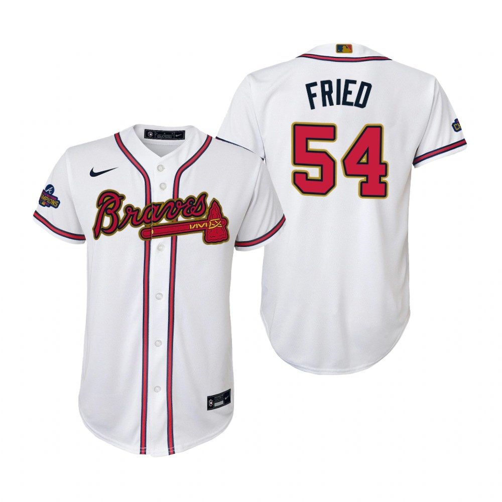 Youth Max Fried 54 Jersey, Atlanta Braves White 2022-23 Gold Program Jersey