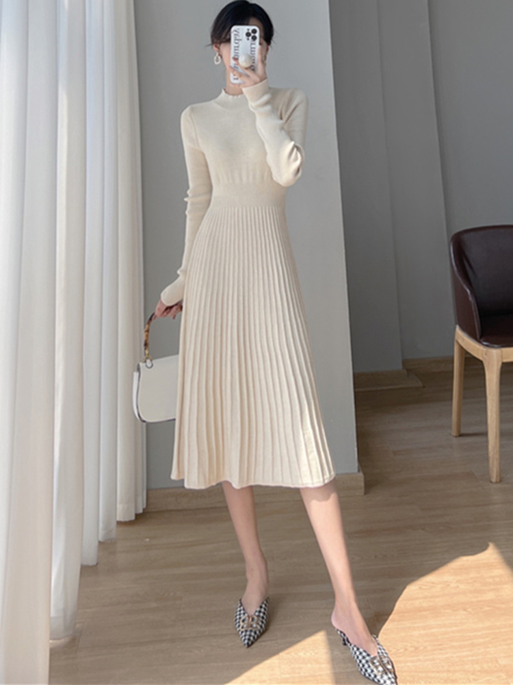 Autumn Winter 2022 New Knitting Sweater Dresses Women Midi Pleated Elegant Casual Warm Long Sleeve Dress Female Clothing alx