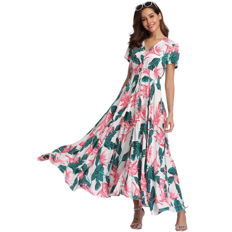 Witbuy Bohemian Floral Print Female Beach Maxi Long Dress V Neck With Button Elastic Waist Elegant Women’s Summer Dresses 2022 alx