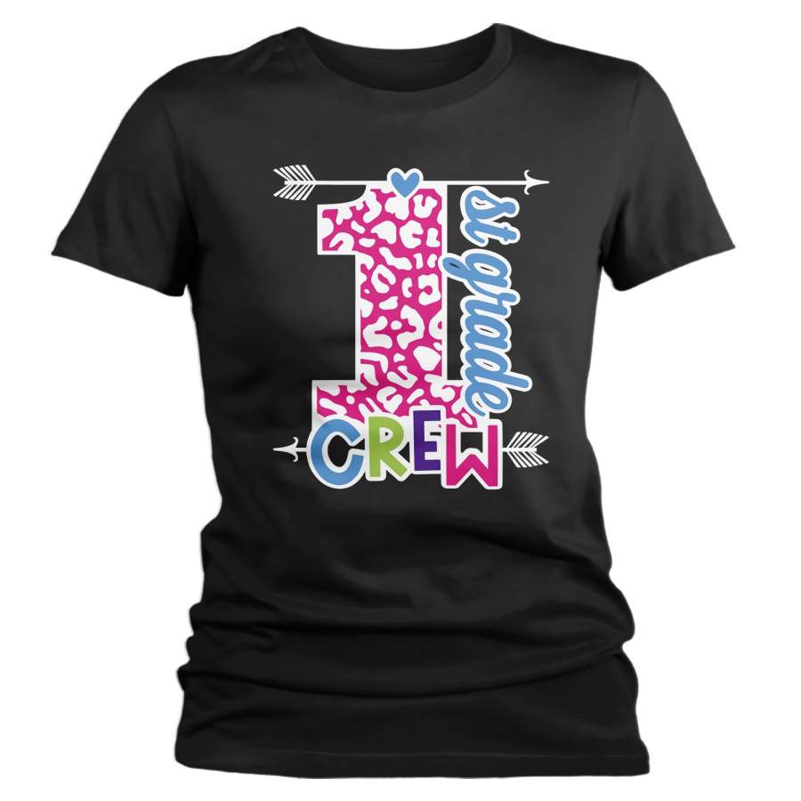 Women’s First Grade Teacher T Shirt 1st Grade Crew T Shirt Cute Leopard Print Shirt 1st Teacher Gift Shirts