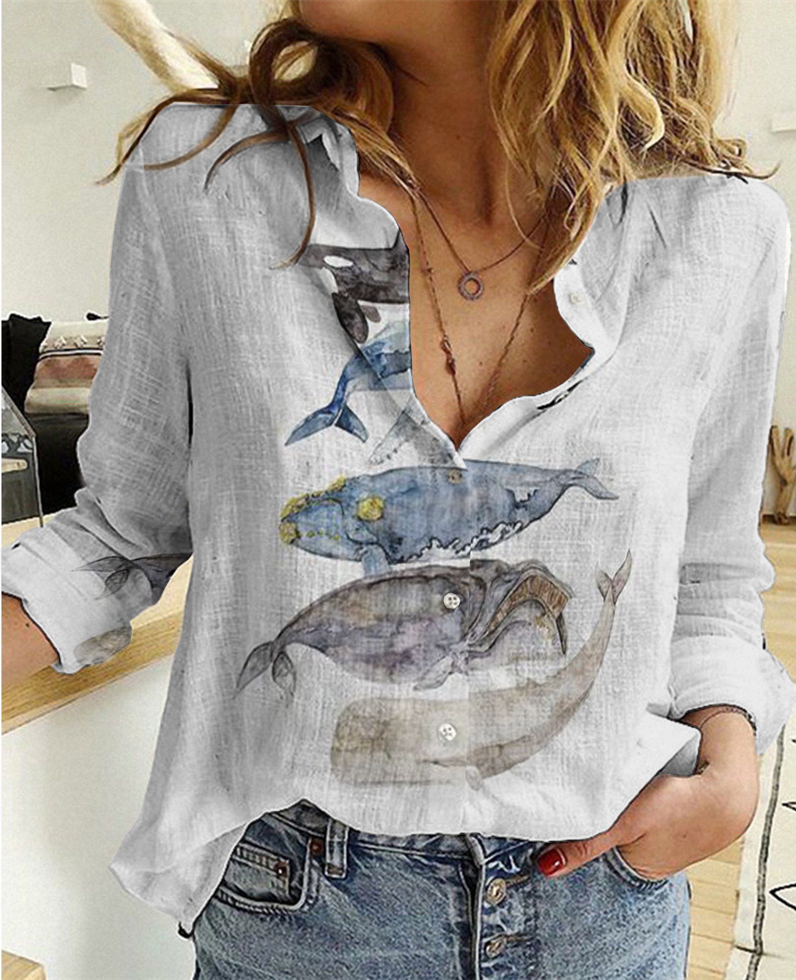 Fishing Cotton And Linen Casual Shirt, Whales Linen Shirt