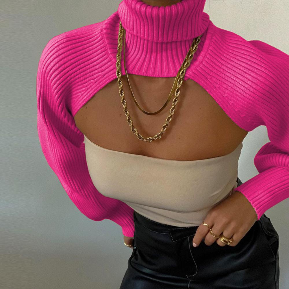 Cryptographic Fall Winter 2021 Knitted Turtleneck Women’s Crop Tops Sweaters Lantern Sleeve Pullover Females Shawl Sweaters alx