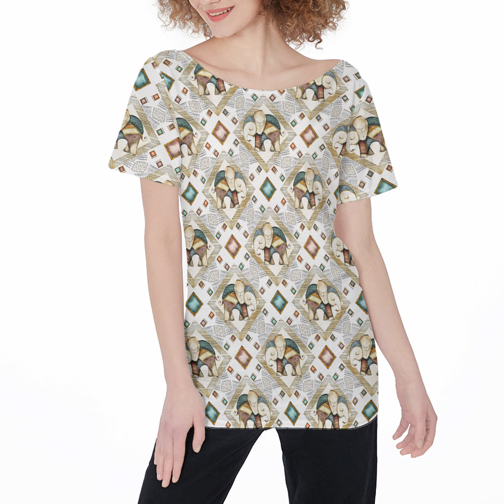 Indian Elephant Pattern Off Shoulder T-Shirt