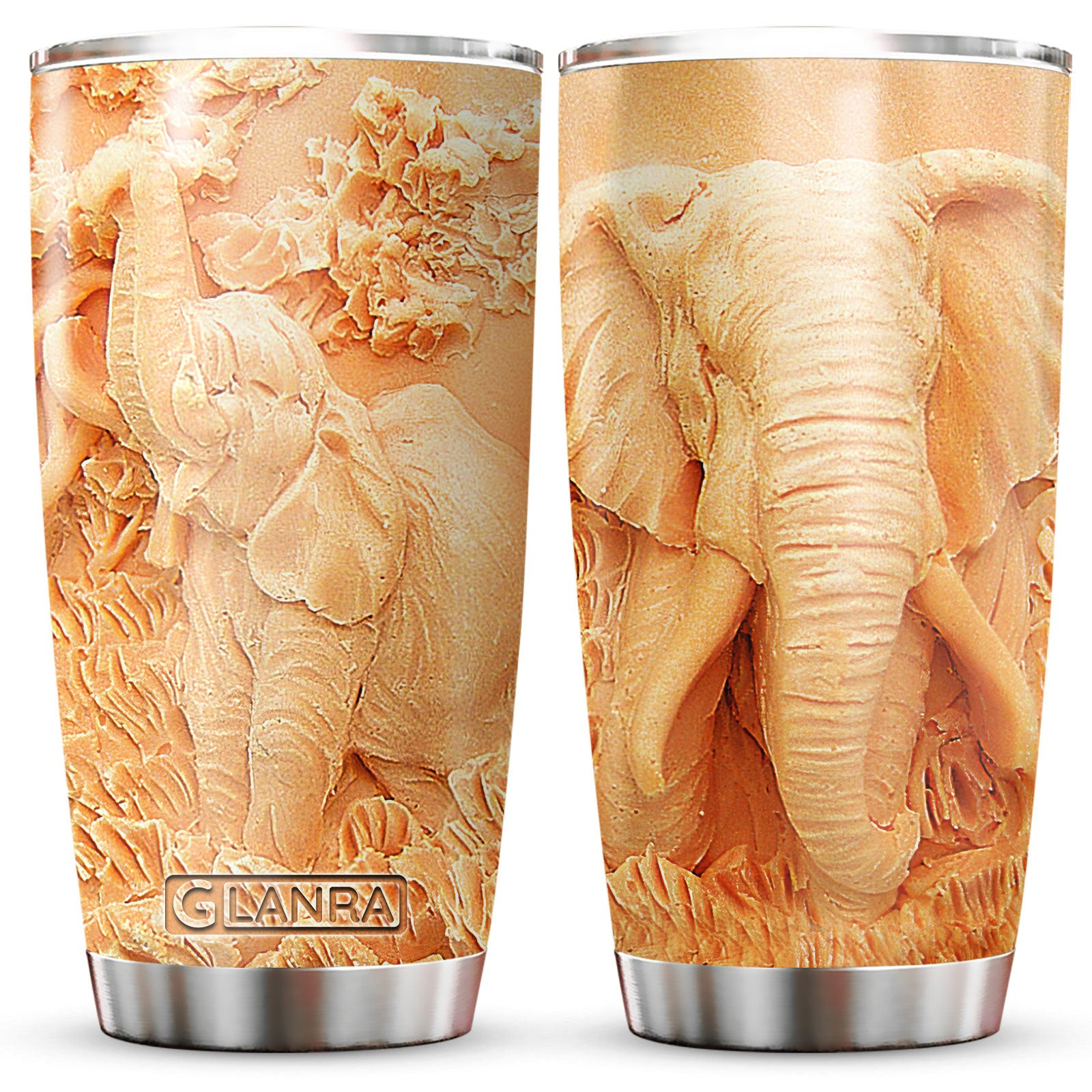 Wood Elephant Sculpture Pattern Tumbler, Elephant Tumbler, Water Bottle, Stainless Steel Tumbler, Metal, Insulated