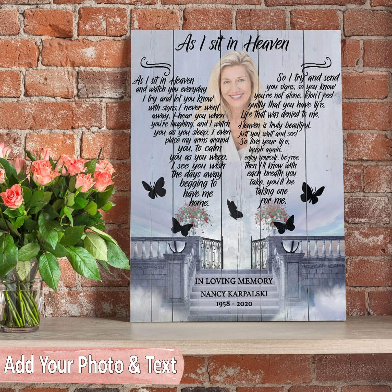 As I Sit In Heaven Stairway To Heaven Background, Personalized Photo Memorial Poster Canvas, Gift For Family Gift for Remembrance Home Decor Wall Art Visual Art