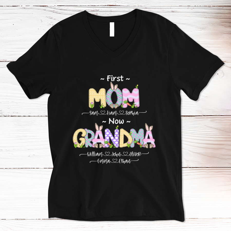 Personalized First Mom Now Grandma Bunny Cute Easter V-Neck