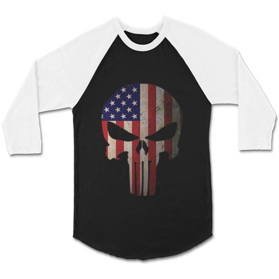 American Flag Punisher Skull Vintage Usa Cool CPY Unisex 3/4 Sleeve Baseball Tee T-Shirt