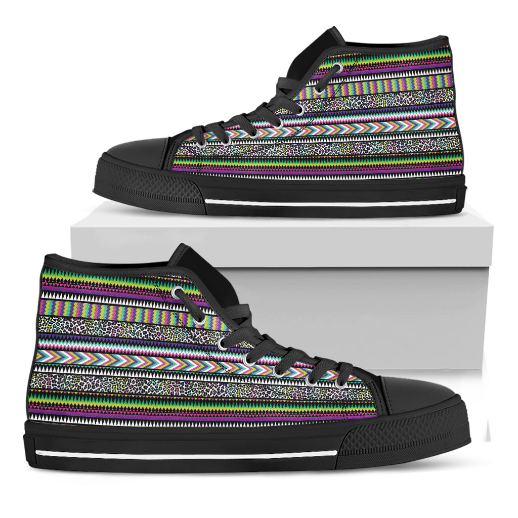 Colorful Leopard Navajo Tribal Print Black High Top Shoes