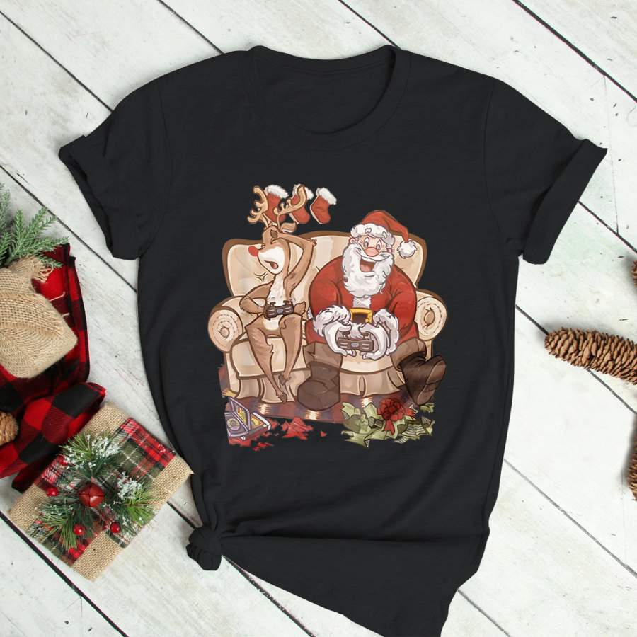 Christmas Santa Claus and Reindeer Gamer Controller Xmas T-Shirt