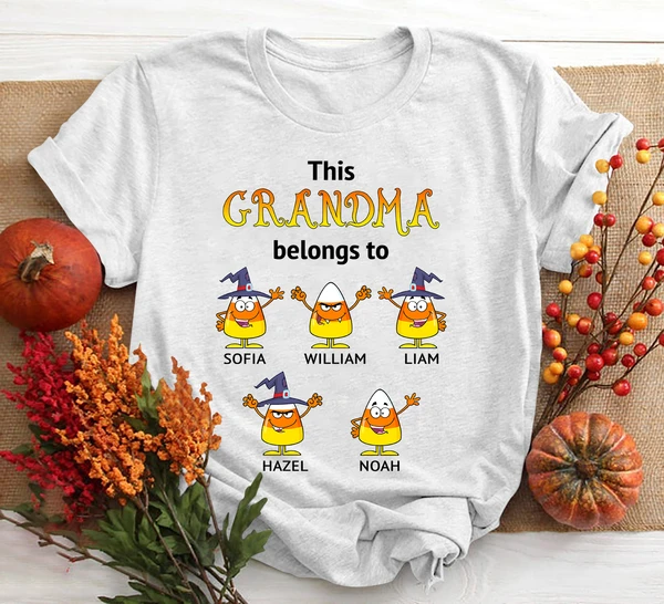 This Grandma Belongs To Custom Grandkid’S Name Cute Candy Corn With Witch Hat Printed Shirt For Halloween