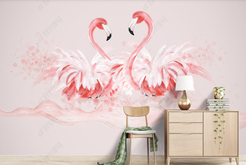 3D Hand Drawn Animal Pink Flamingo Wall Mural Wallpaper Lqh 239