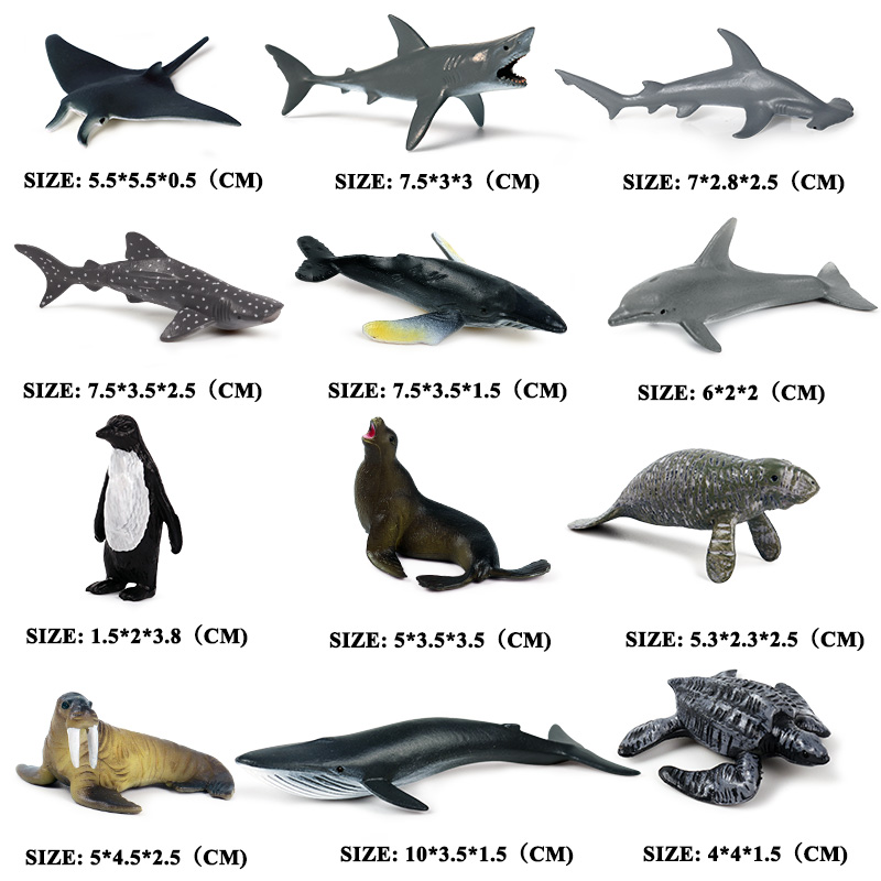 Oenux 12PCS Sea Life Animals Megalodon Dolphin Rays Whale Shark Model Action Figures Ocean Aquarium Miniature Education Kid Toys alx