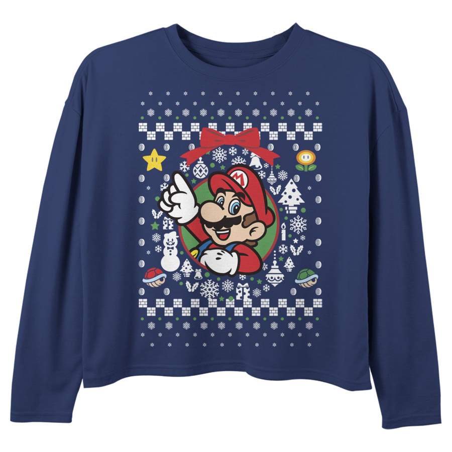 Nintendo Girl’s Ugly Christmas Mario Wreath  Long Sleeve Shirt