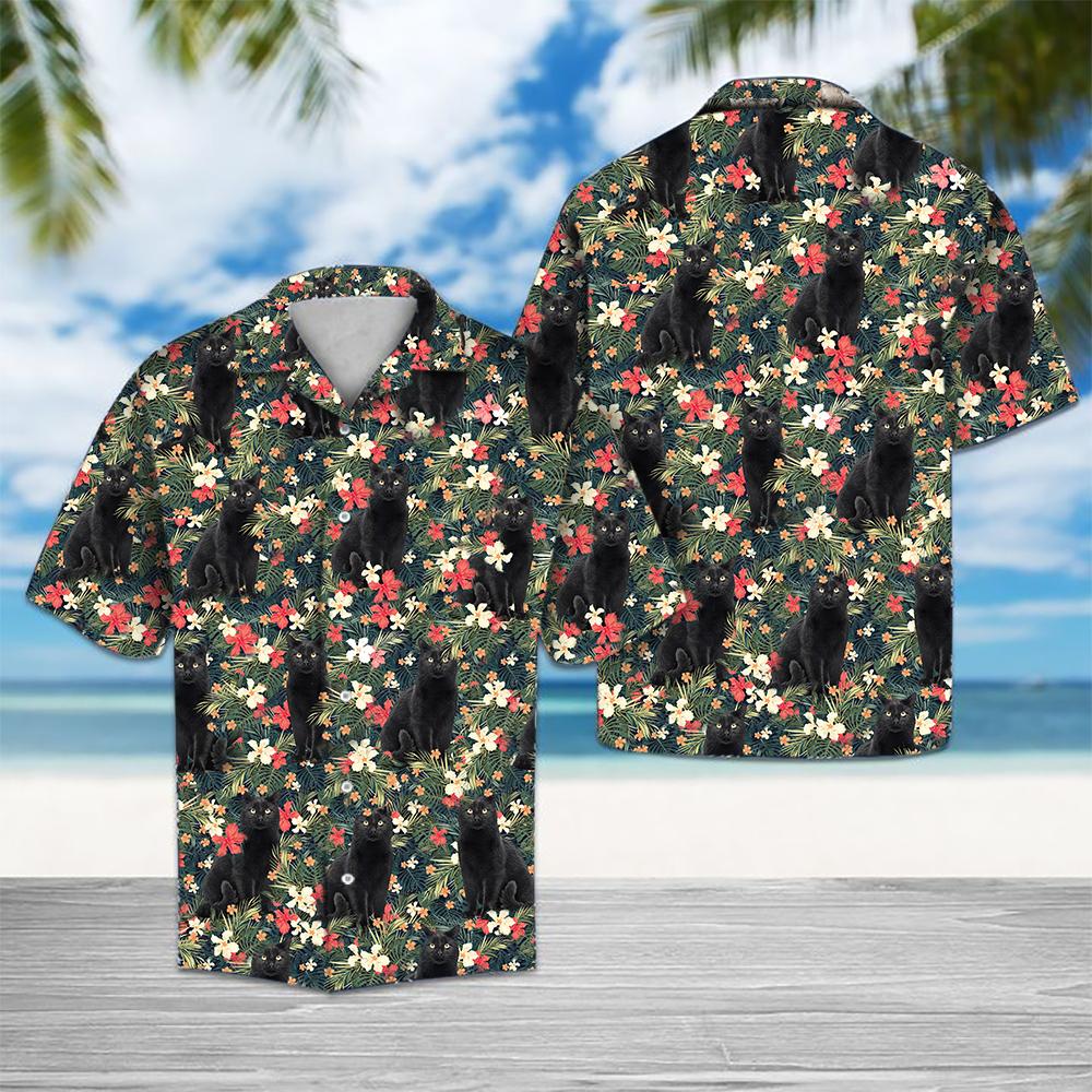 Tropical Black Cat Hawaiian Shirt Summer Button Up For Men, Women, Couple