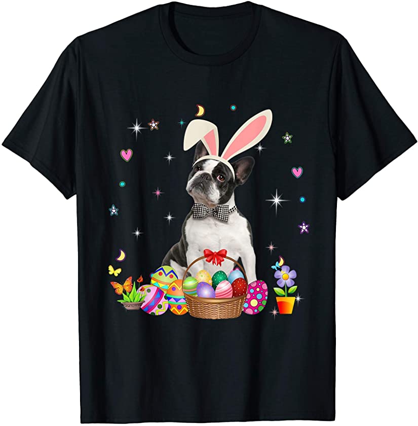 Cute Boston Terrier Easter Day Bunny Eggs Easter Womens T-Shirt