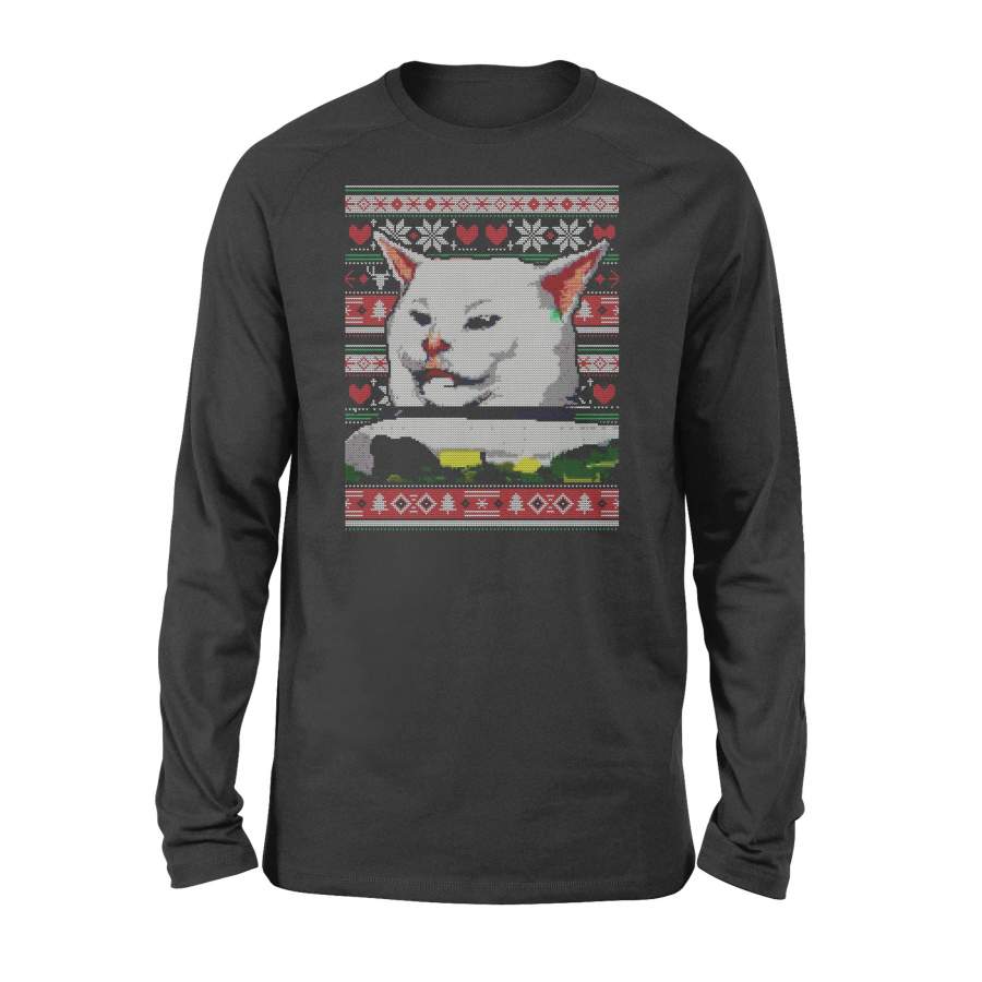 Woman Yelling at a Cat Ugly Christmas Sweater Meme Outfit Long Sleeve