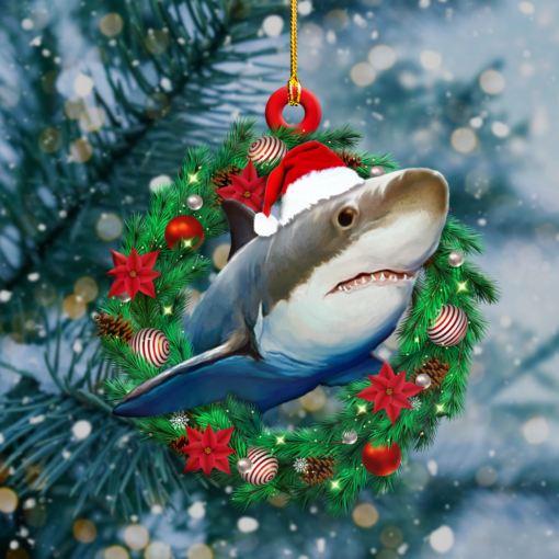 Shark In Wreath Shape Wood Ornament, Christmas Ornament, Christmas Decor