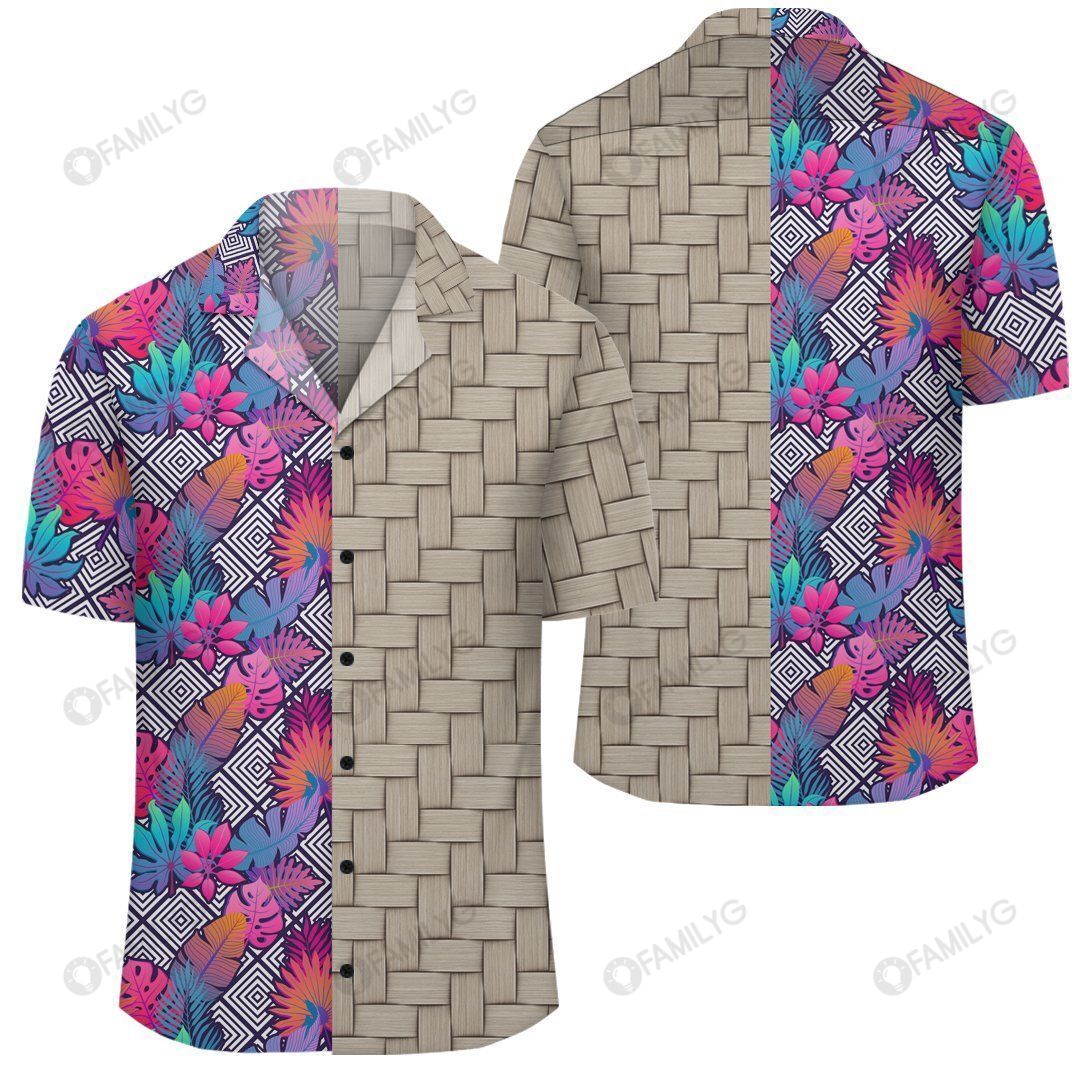 Tropical Exotic Leaves And Flowers On Geometrical Ornament Lauhala Moiety Hawaiian Shirt Summer Hawaiian For Men, Women, Couple