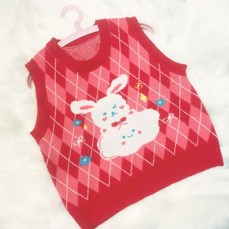 Strawberry Rabbit Cute Women’s Knitted Vest Loose Sweater Pullovers Fall,Winter Tanks Cute Girls Color Red Preppy Style alx