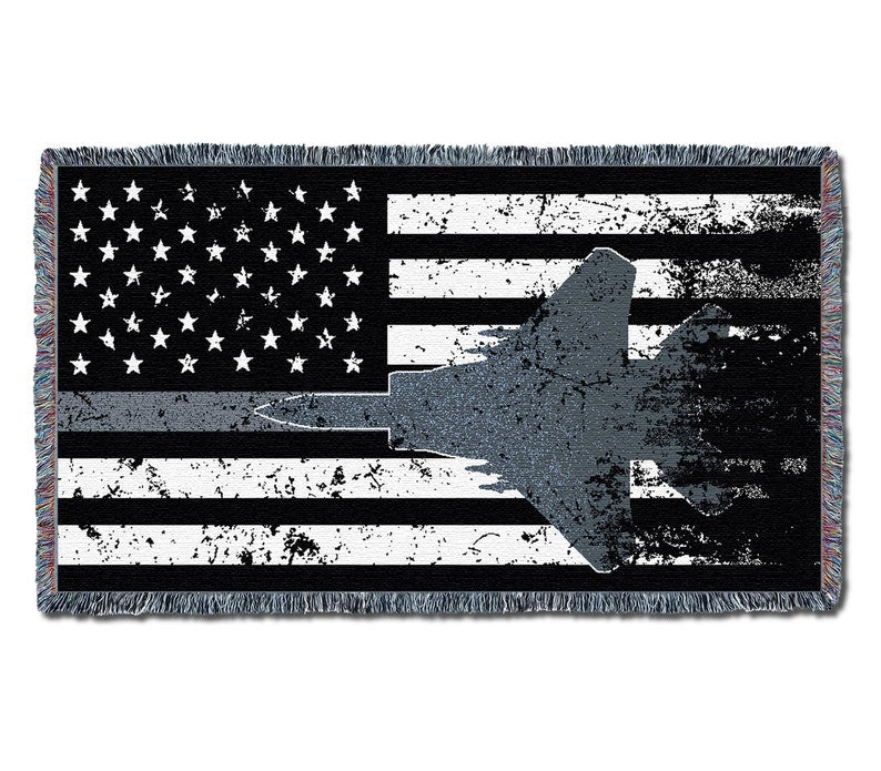 Us Air Force Fighter Jet Grey Line American Flag Vintage Retro Style Couch Sofa Blanket,  Woven Throw Blanket Home Decor