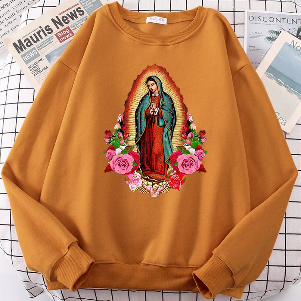 Virgin Mary Of Guadalupe Hoodie Male Crewneck Clothing Mens Street Fashion Tracksuit For Man Comfortable Fleece Warm Sweatshirt alx