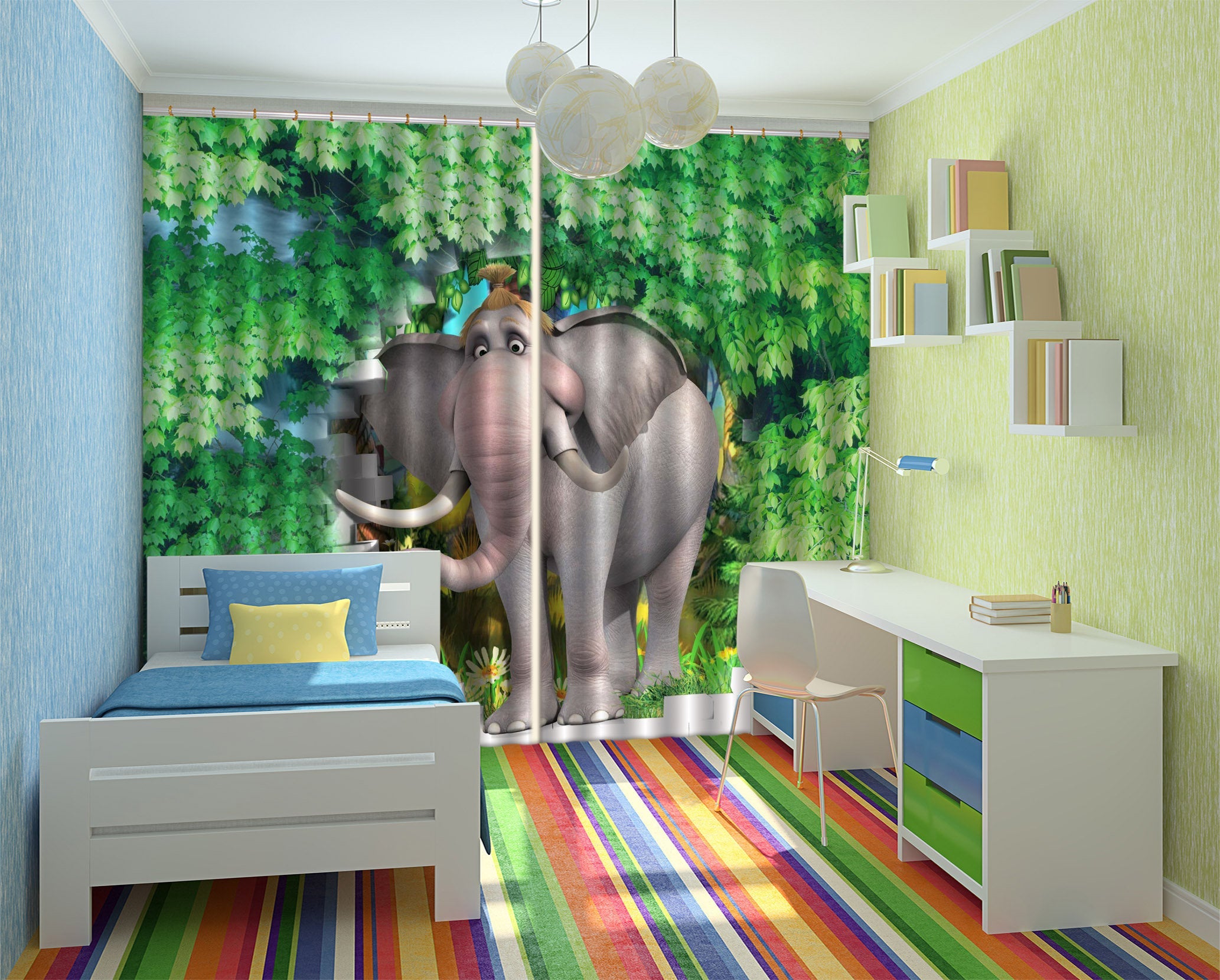 3D Elephant With Trees C158 Blockout Photo Curtain Print Curtains Drapes Fabric Window | 3D Large Photo Curtain, Jess Art Decoration Wallpaper