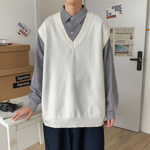 Sweater Vest Men Solid V-neck Large Size 3XL Loose Mens Vests Street Wear Korean-Style Simple All-match Knitted Couple Ins Daily alx