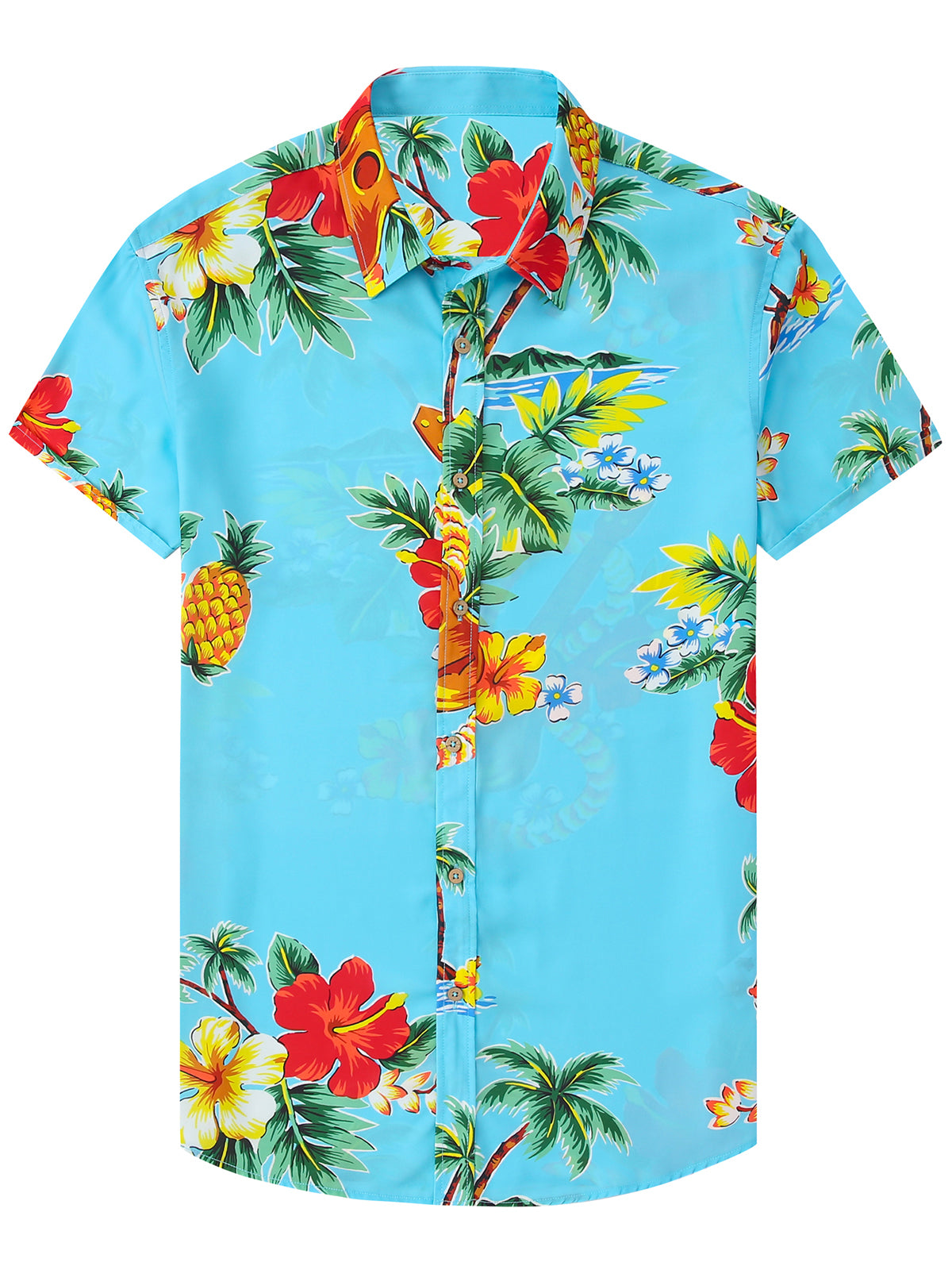 Floral Pineapple Print Beach Blue Hawaii Short Sleeve Shirt Ha39473