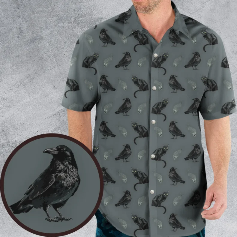 Cat And Raven Edgar Allan Poe Pattern Hawaiian Shirt