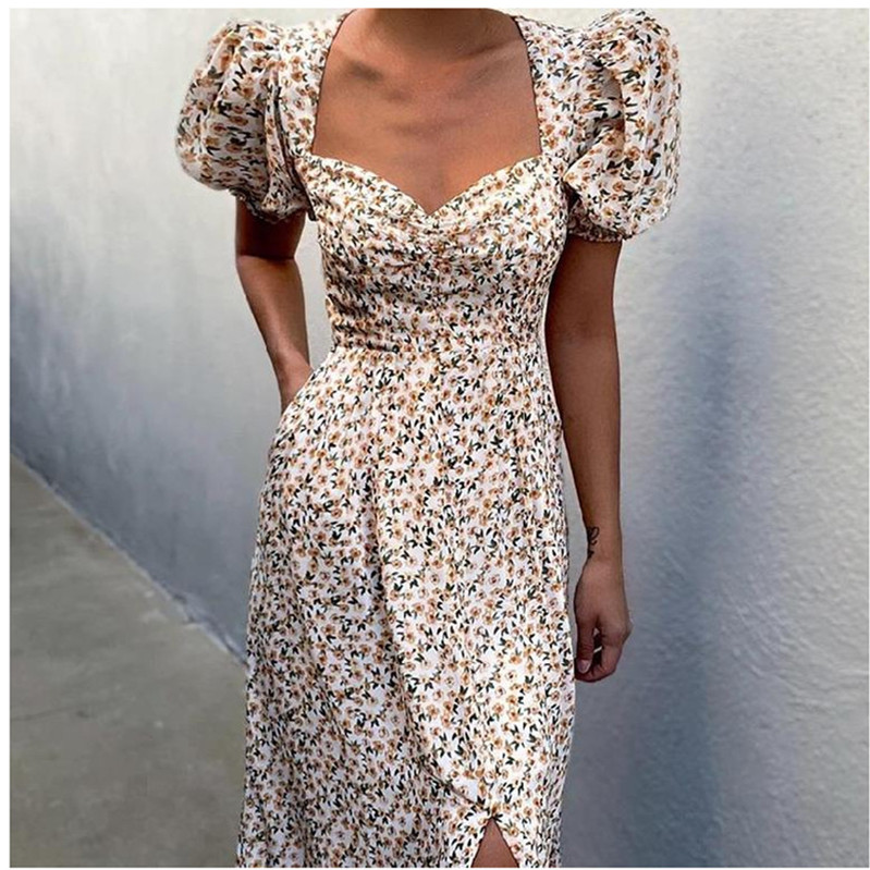 Women Clothing Summer Sexy Fashion Bubble Sleeve Floral Lace-up High Split Long Dress Vestdio Vintage Korean Elegant Party Dress alx