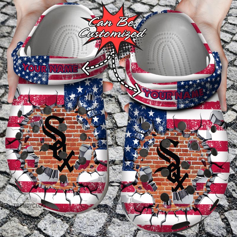 Baseball Personalized CWhite Sox American Flag Breaking Wall Clog Shoes