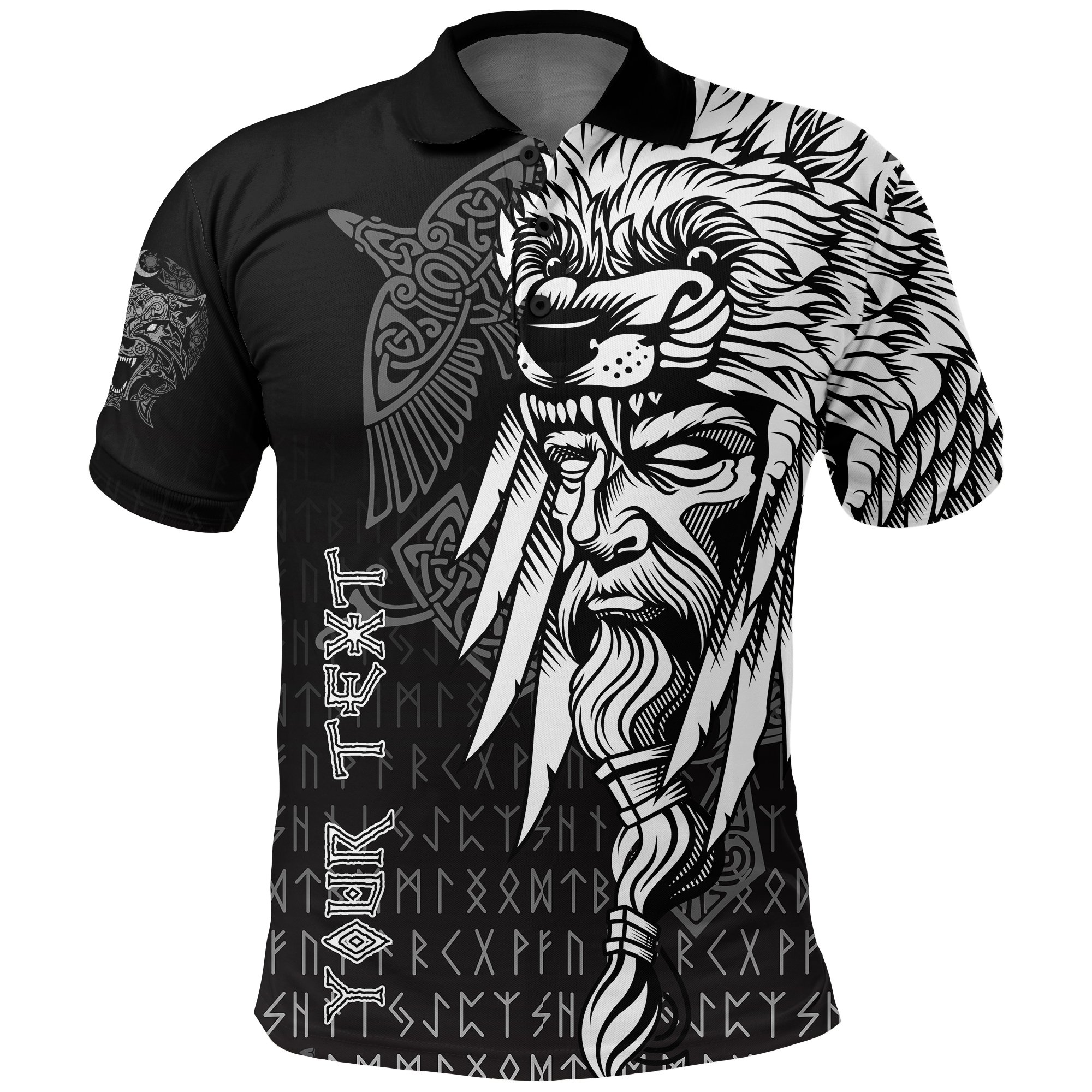 (Custom) Viking Polo Shirt Odin Raven and Fenrir on Hand A27