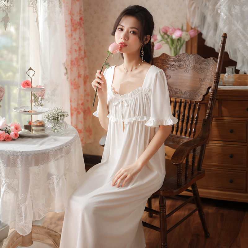 White Cotton Night Dress Women Summer Sweet Short Sleeve Victorian Nightgowns Vintage Square Collar Peignoir Princess Sleepwear alx