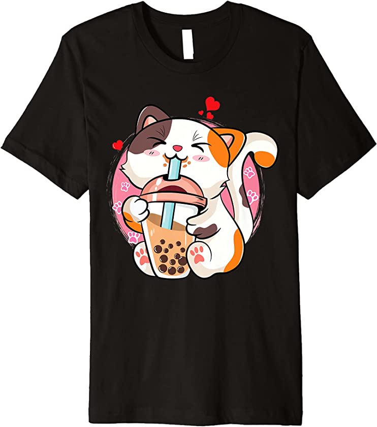 Cute Kawaii Cat Boba Bubble Milk Tea Anime Neko Kitten Premium T-Shirt