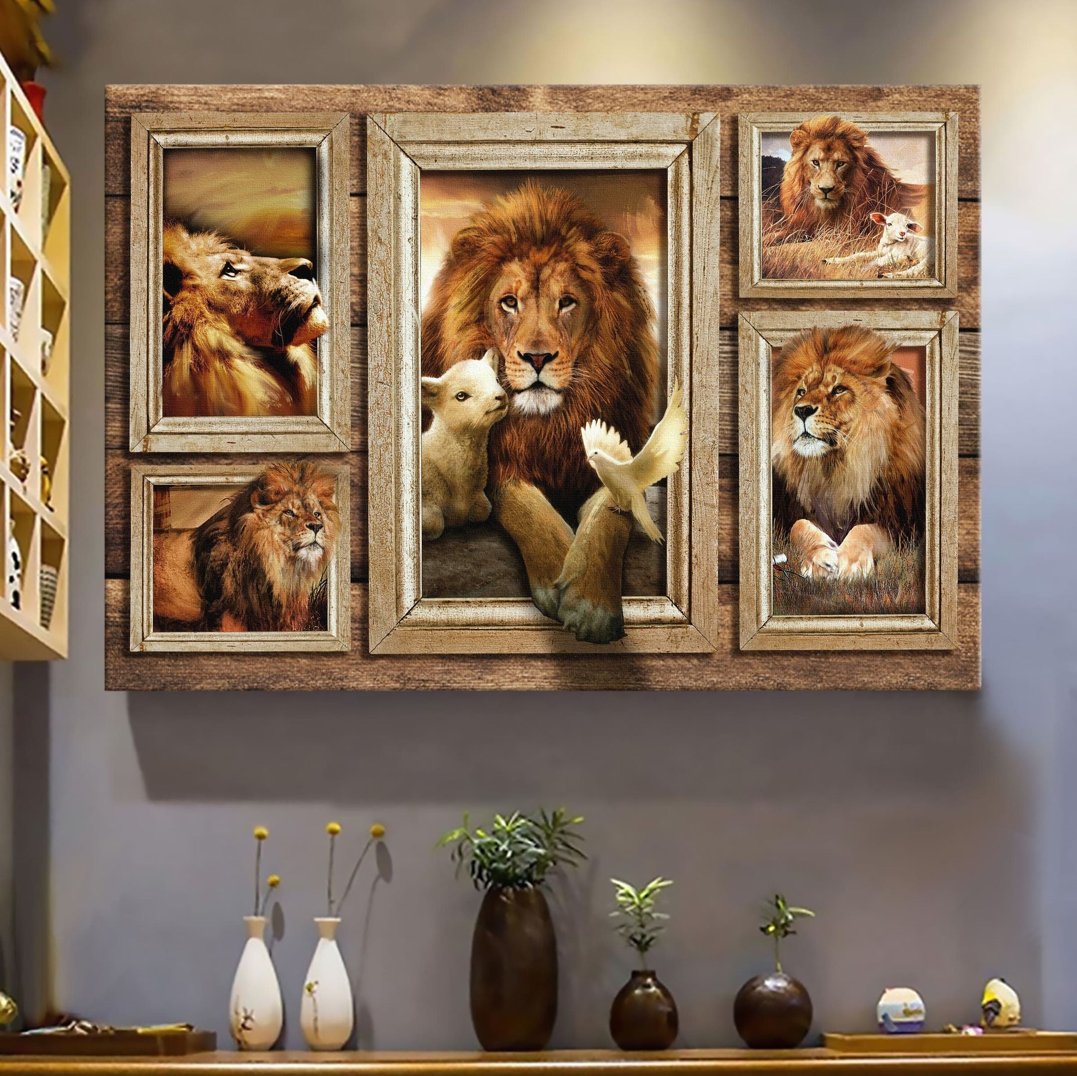 Beautiful Lion And Lamb In Picture Frames Landscape Canvas Print – Wall Art Gift For Family, Wall Art Decor, Canvas Print, Home Decor