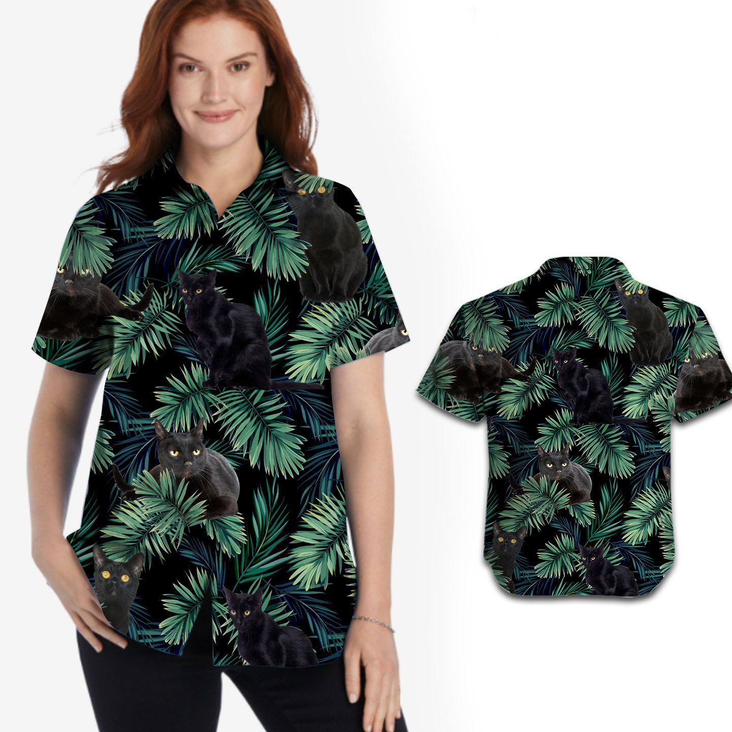 Black Cats Tropical Palm Tree Leaves Women Hawaii Shirt For Pet Lovers Ha11850