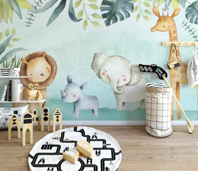 3D Cartoon Animal Leaves Wall Mural Wallpaper 232