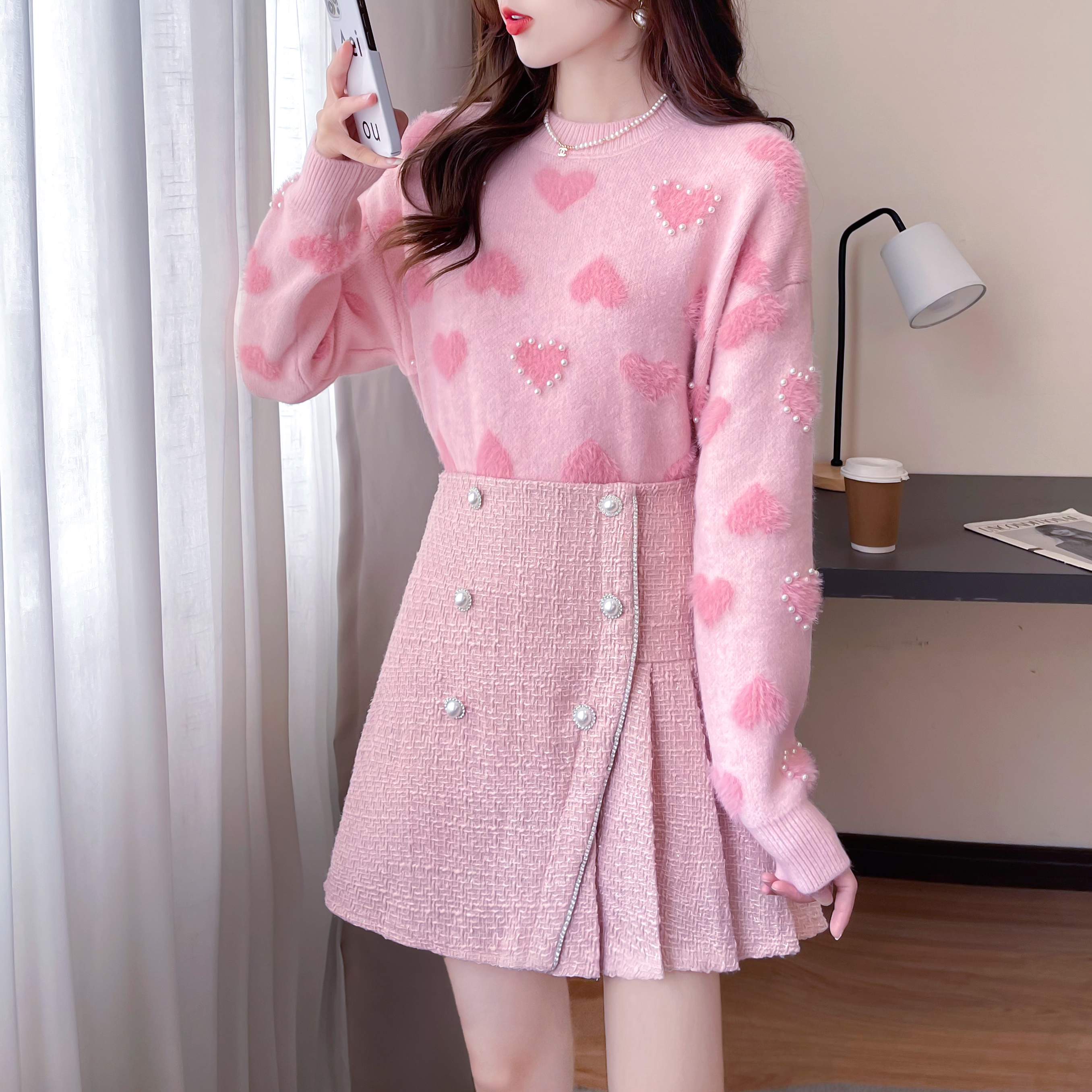 Women Clothing Sweet Two Piece Set Autumn Winter Thickened Flocking Love Bead Loose Sweater All-Match Pleated Mini Skirt Suits alx