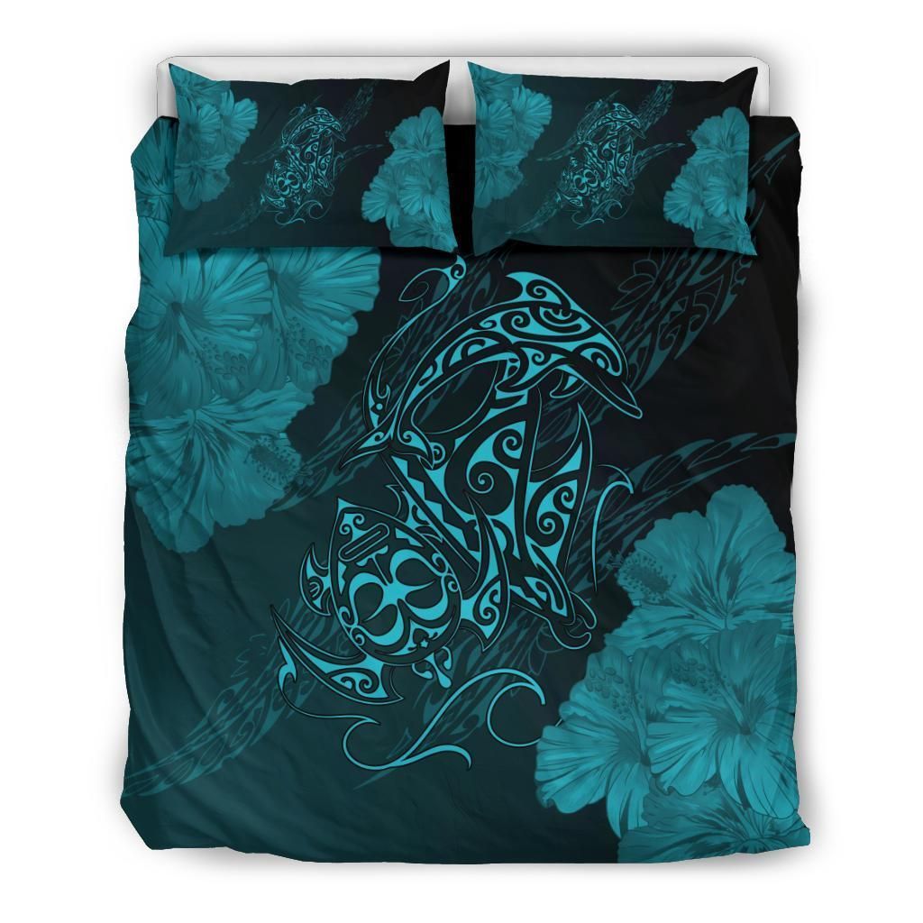 Alohawaii Bedding Set – Cover And Pillow Cases Hawaiian Hibiscus Dolphin Manta Ray Turtle Polyalohawaiis Blue – Ah – J5